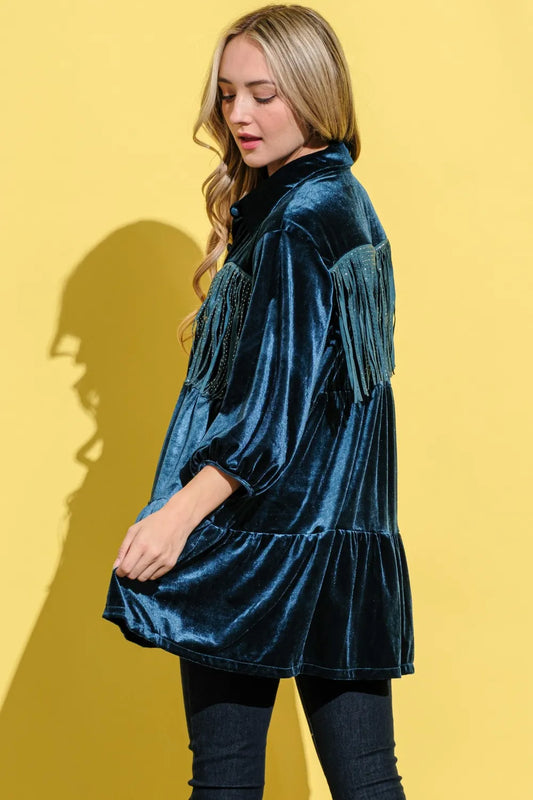Fringe Detailed Velvet Shirt Dress in Teal - product view 2