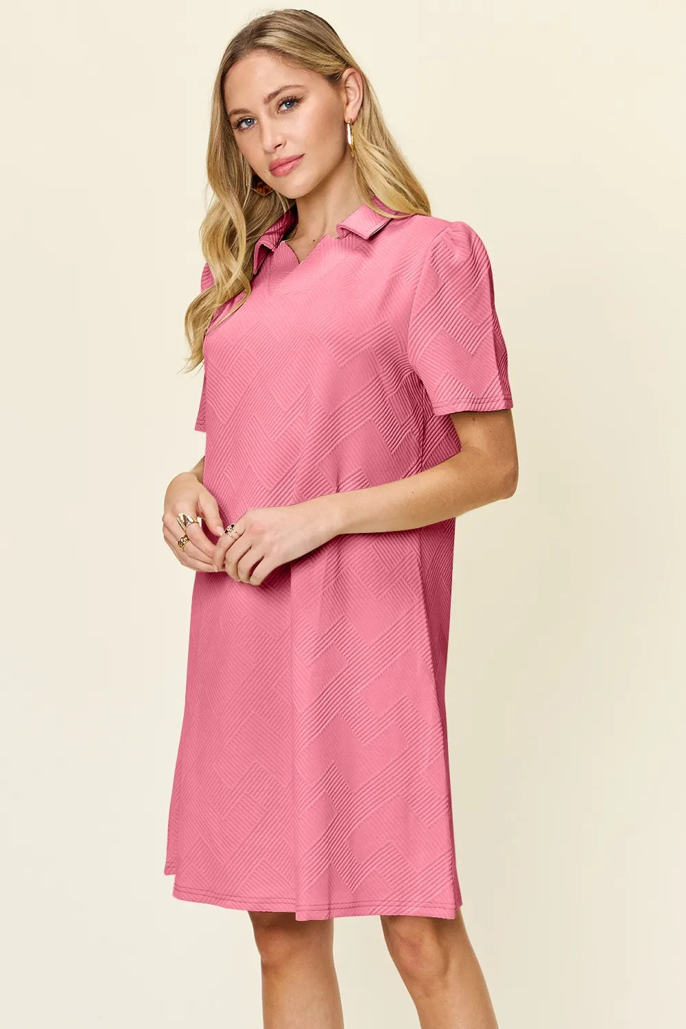 Full Size Texture Collared Neck Short Sleeve Dress in White, Lavender and more - product view 26