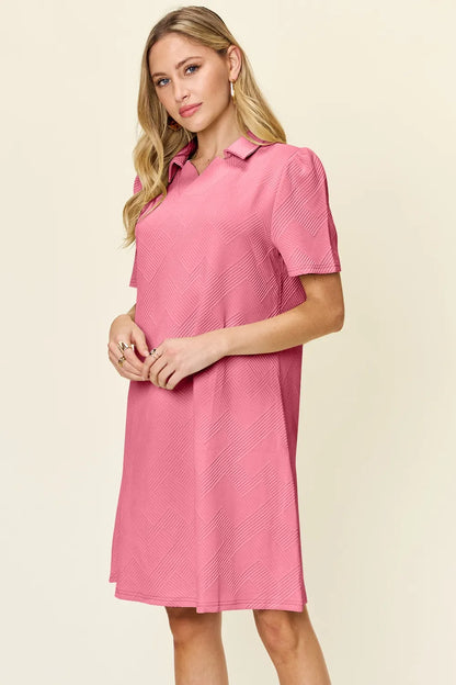Full Size Texture Collared Neck Short Sleeve Dress in White, Lavender and more - product view 26