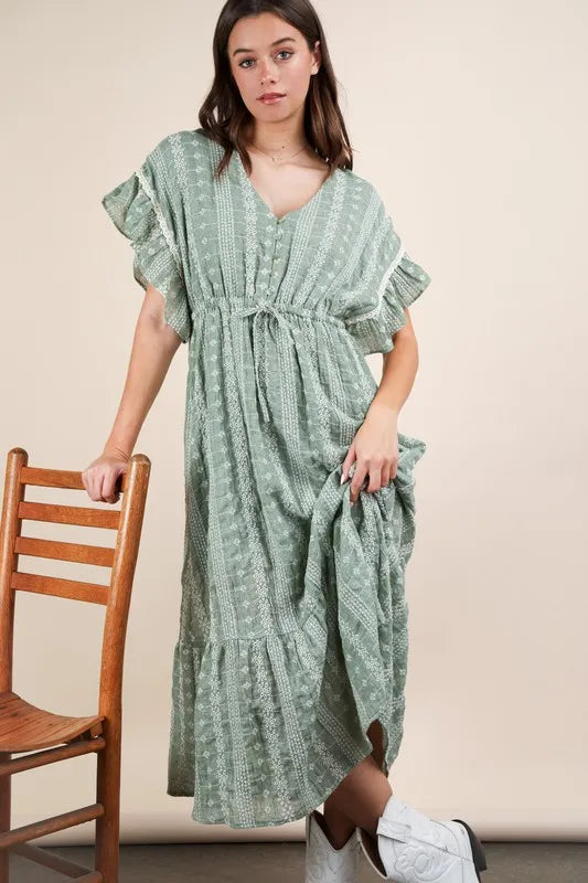 Embroidered Boho Ruffled Midi Dress - Sage - product view 1