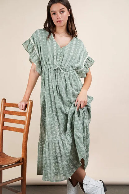 Embroidered Boho Ruffled Midi Dress - Sage - product view 1