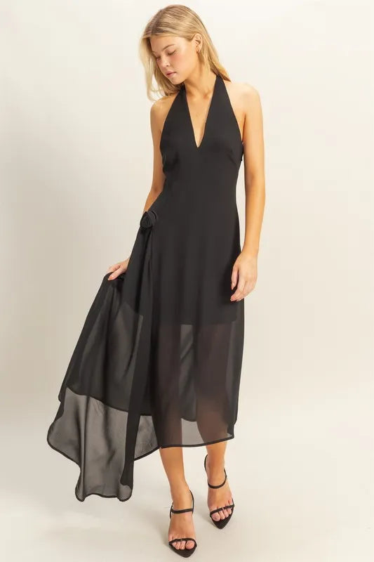 Chiffon Halter Asymmetrical Hem Dress - Black - product view 2