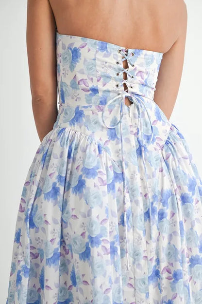 Sweetheart Neckline Floral Printed Midi Dress in Blue - product view 11