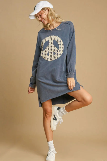 Peace Lace Applique Frayed Hem French Terry Mini Dress in Dusty Blue - product view 3