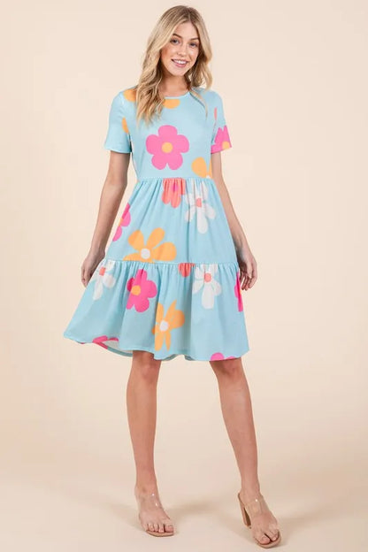 Floral Round Neck Short Sleeve Tiered Dress - Pastel Blue - product view 3