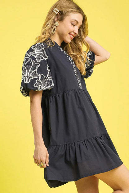 Tiered Embroidered Puff Sleeve Mini Dress in Dark Gray - product view 2