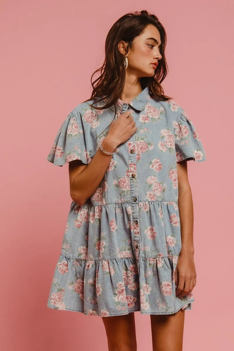 Floral Print Washed Lightweight Tiered Shirt Dress in Lt Denim - product view 9