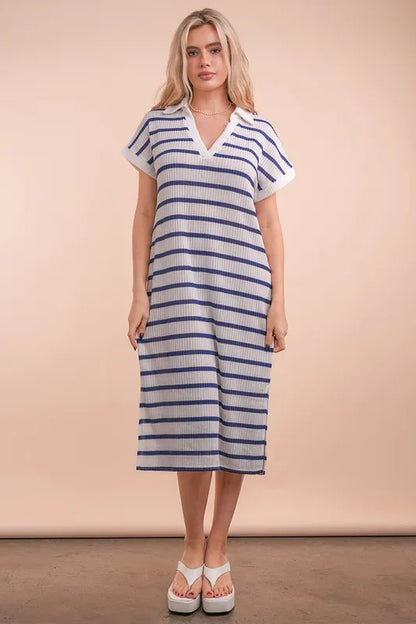 Oversized Collared Striped Knit Midi Dress in White/Navy - product view 5