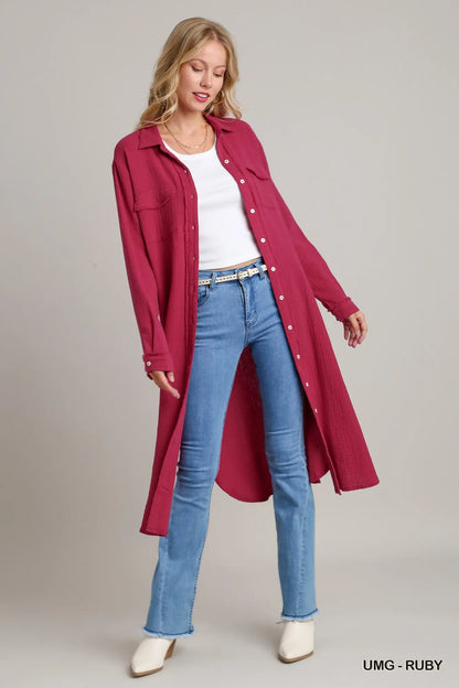 Cotton Gauze Button Down Shirt Dress in Umg-Ruby - product view 4