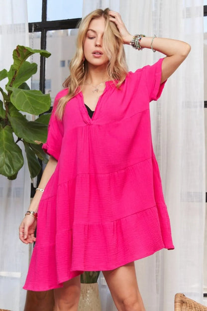 Tiered Notched Short Sleeve Dress - Hot Pink - product view 2