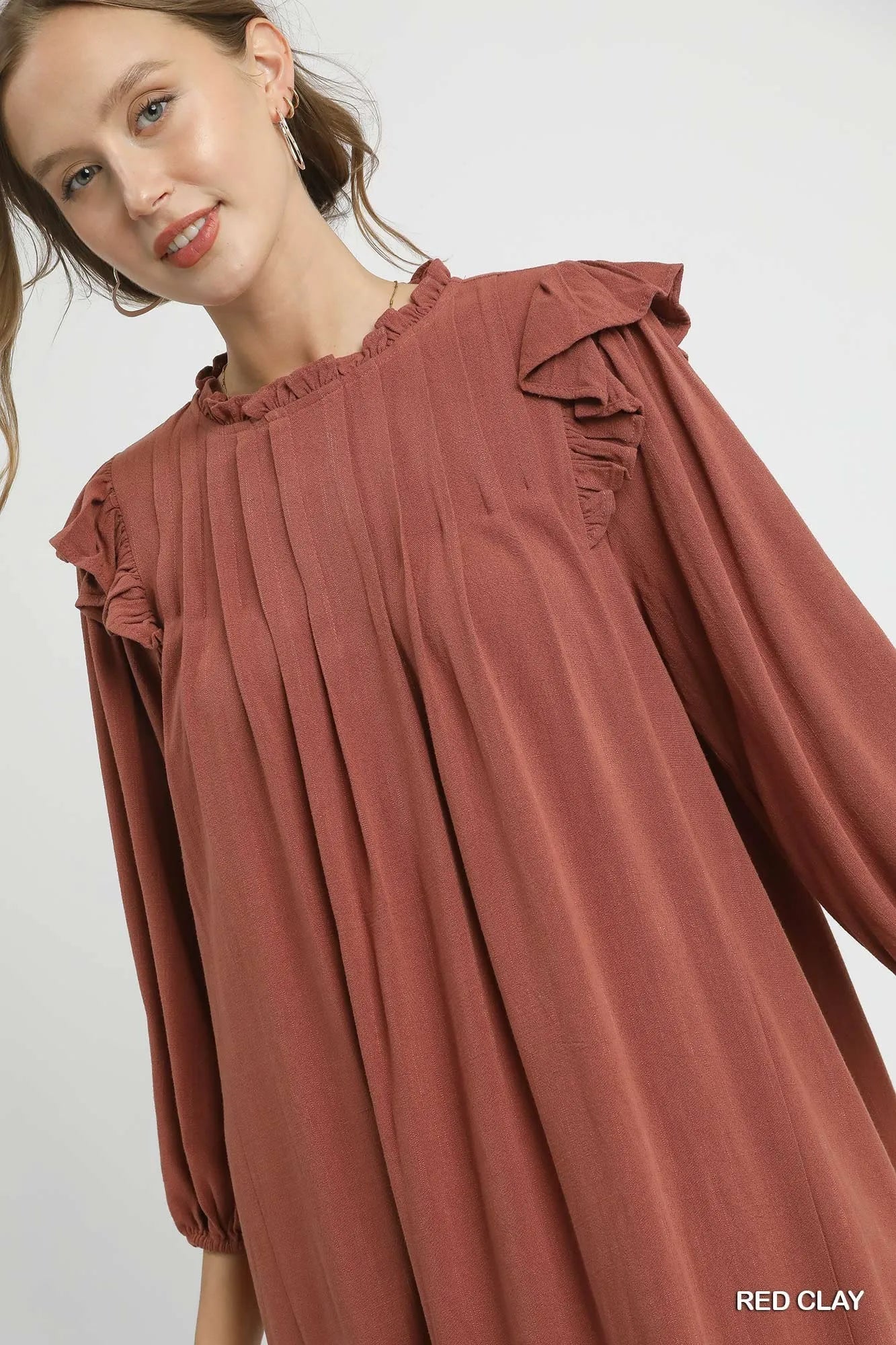 Linen Ruffle Shoulder Pleated Babydoll Dress - Red Clay - product view 5
