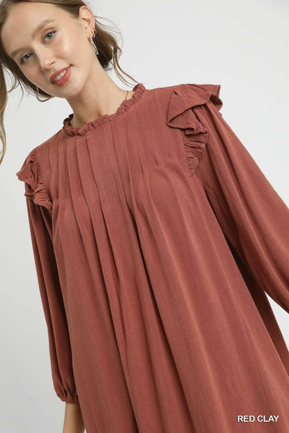 Linen Ruffle Shoulder Pleated Babydoll Dress - Red Clay - product view 5