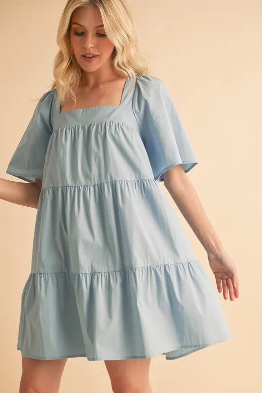 Square Neck Half Sleeve Tiered Dress - Light Blue - product view 3