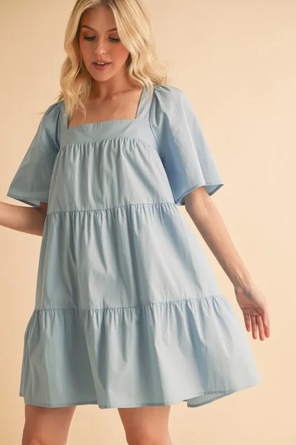 Square Neck Half Sleeve Tiered Dress - Light Blue - product view 3