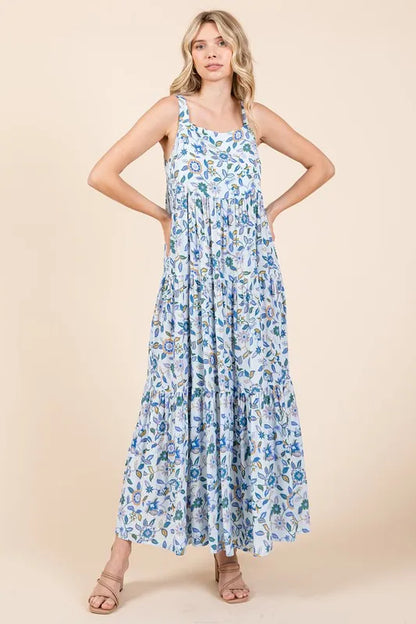 Flower Print Tiered Sleeveless Empire Maxi Dress in Sky Blue - product view 1