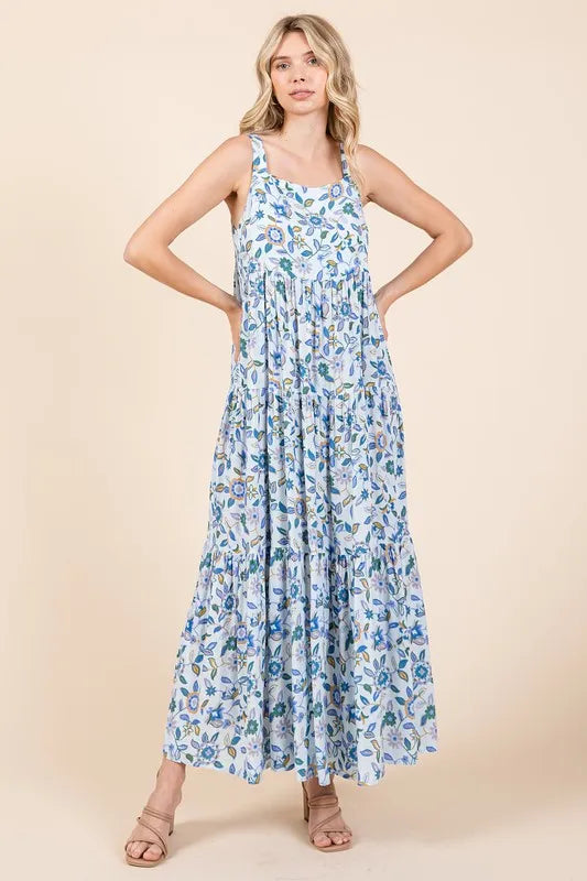 Flower Print Tiered Sleeveless Empire Maxi Dress in Sky Blue - product view 1
