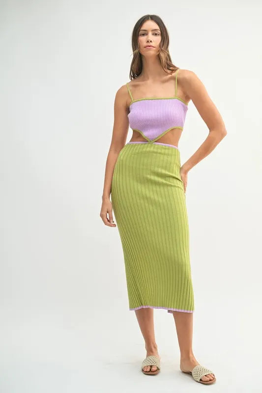 Ribbed Knit Color Block Cutout Midi Dress - Lime - product view 6
