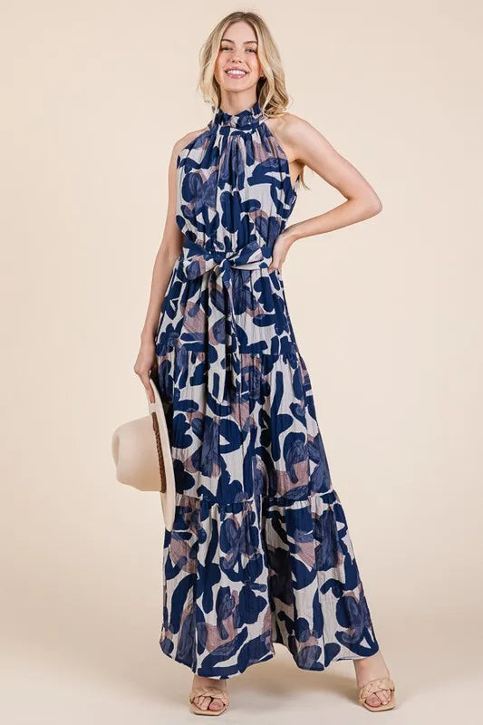 Abstract Halter Neck Tie-Waist Tiered Maxi Dress in Navy Combo - product view 15