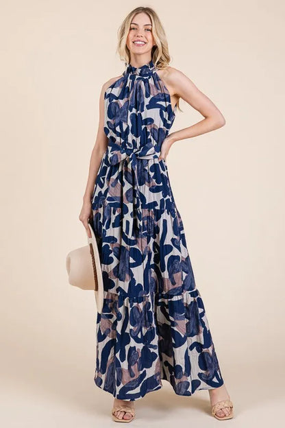 Abstract Halter Neck Tie-Waist Tiered Maxi Dress in Navy Combo - product view 15