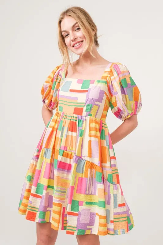 Square Neck Puff Sleeve Geo Printed Mini Dress in Yellow Multi - product view 3