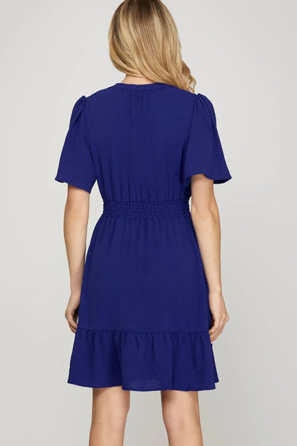 Ruffled Hem Notched Flutter Sleeve Mini Dress - Navy - product view 2