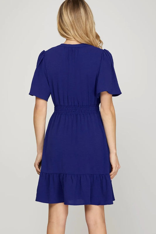 Ruffled Hem Notched Flutter Sleeve Mini Dress - Navy - product view 2