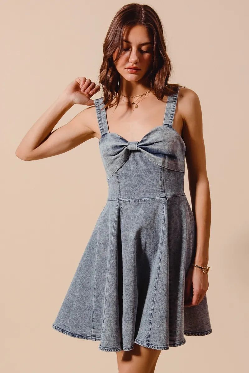 Mineral Washed Bow Ribbon Denim Flare Dress - product view 2