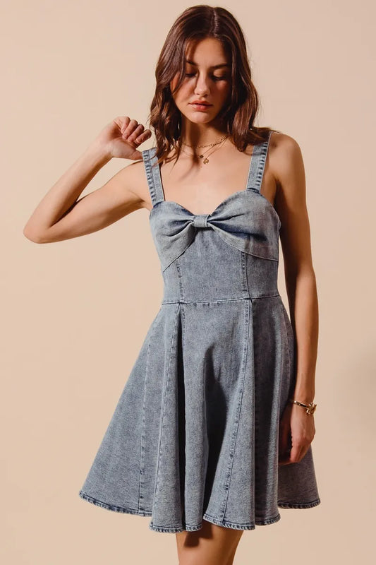 Mineral Washed Bow Ribbon Denim Flare Dress - product view 2