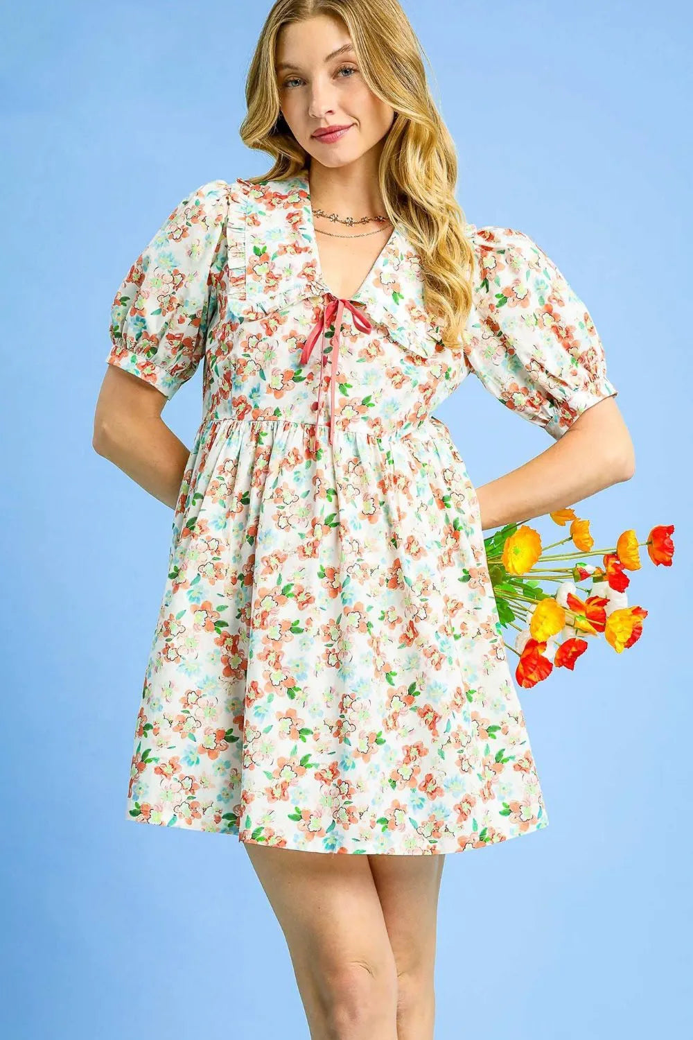 Floral Print Puff Sleeve Tie Front Mini Dress in Orange - product view 1