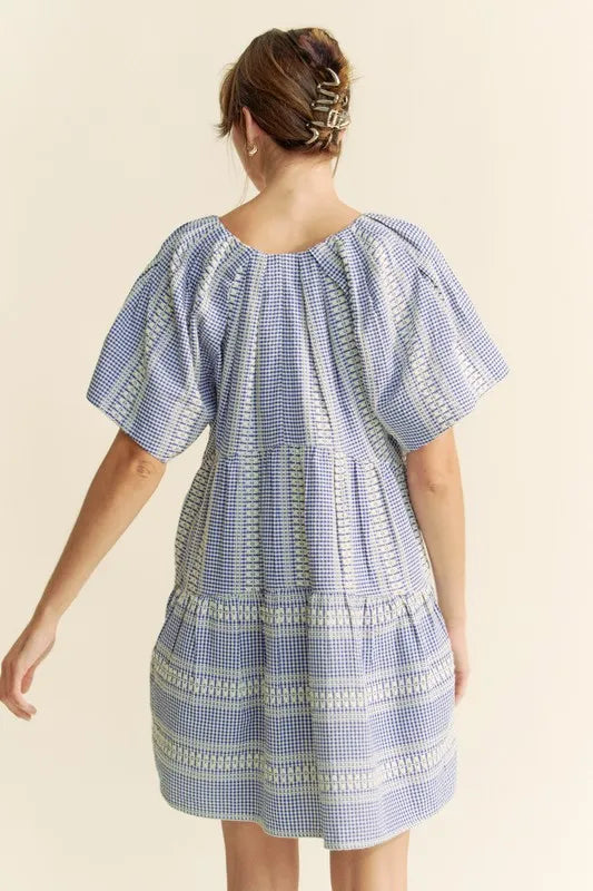 Embroidered Stripe Ruffled Gingham Mini Dress in Navy Blue - product view 7