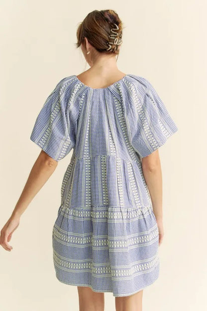 Embroidered Stripe Ruffled Gingham Mini Dress in Navy Blue - product view 7