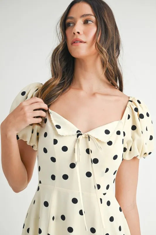 Polka Dot Puff Sleeve Midi Dress - Cream - product view 11