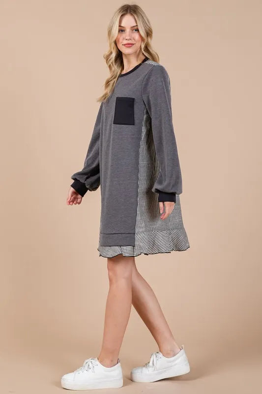 Ces Femme Striped Patchwork Round Neck Terry Sweatshirt Dress in Charcoal - product view 7