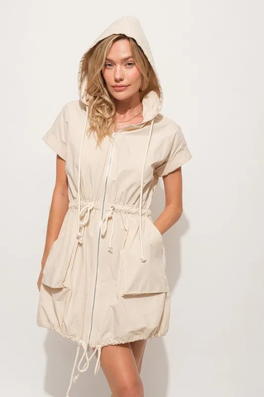 Short Sleeve String Details Hooded Mini Dress in Almond - product view 1