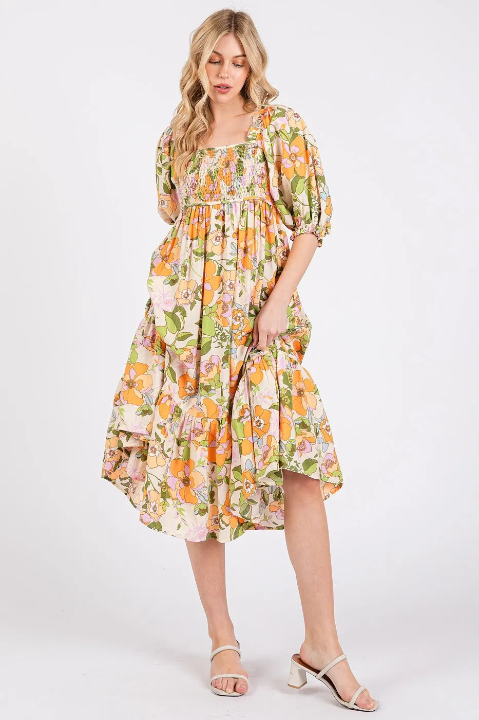Flower Print Puff Sleeve Ruffle Smocked Midi Dress - Orange - product view 2
