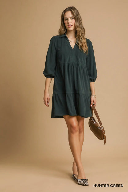 Tiered Johnny Collar Balloon Sleeve Dress in Hunter Green - product view 1
