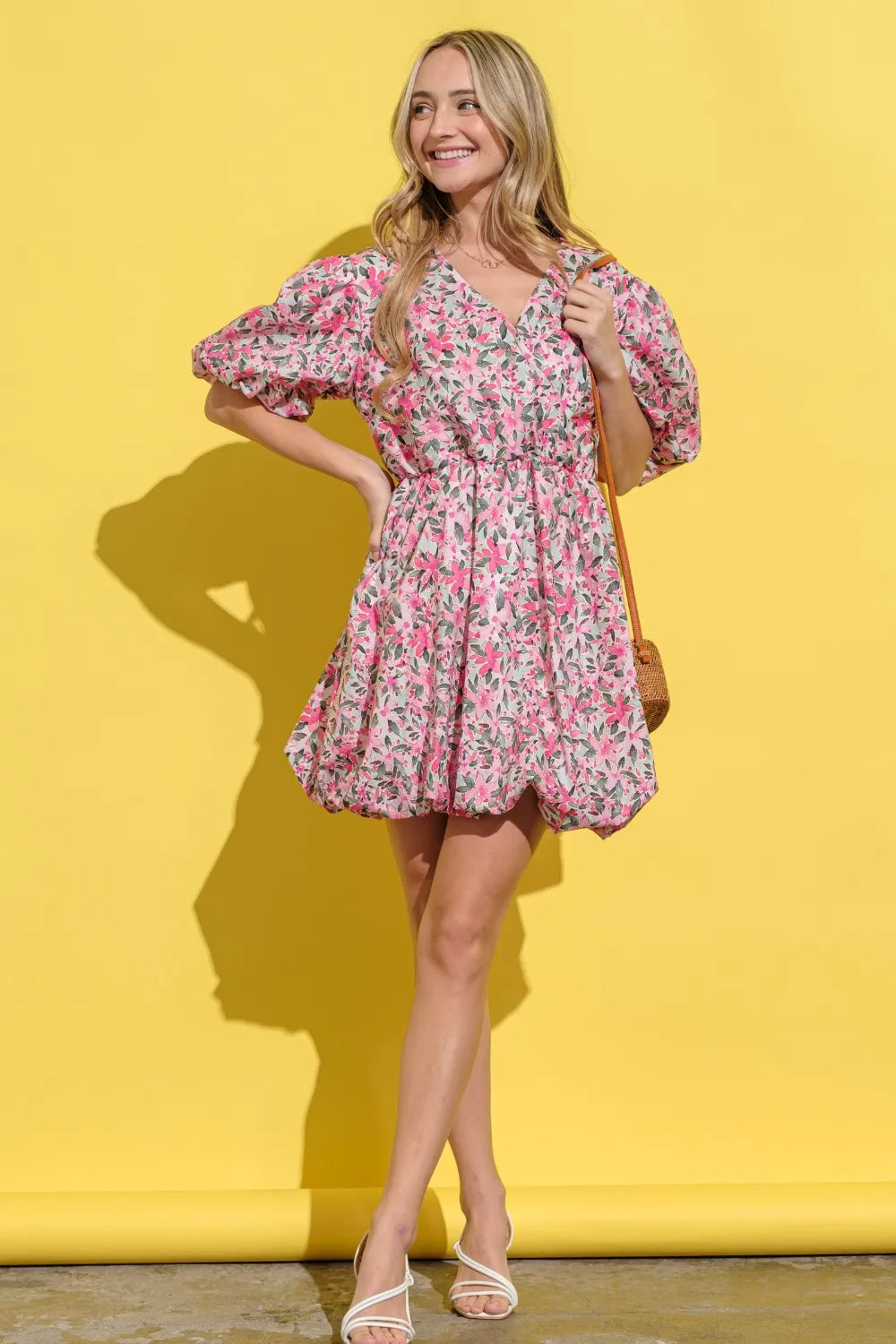 Full Size Floral Surplice Puff Sleeve Dress - Pink Multi - product view 5