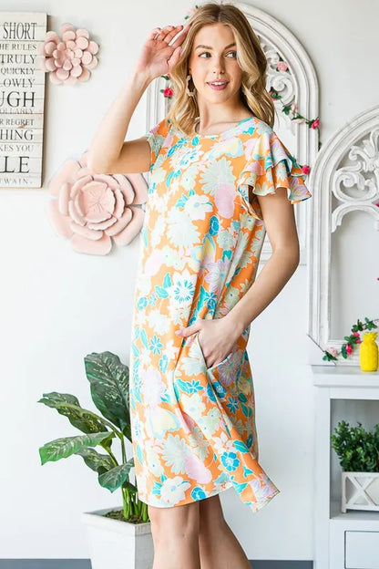 Full Size Ruffled Short Sleeve Floral Mini Dress Plus Size in Orange - product view 15