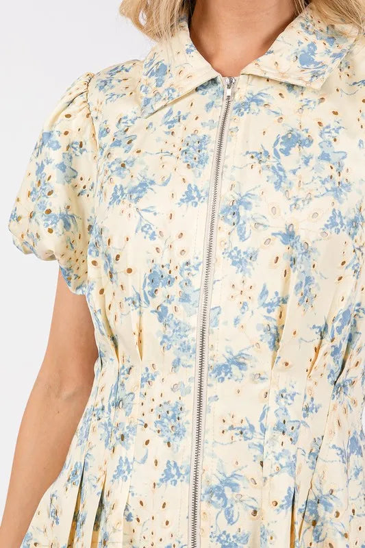 Floral Eyelet Zipper Front Puff Sleeve Mini Dress in Pastel Blue - product view 4