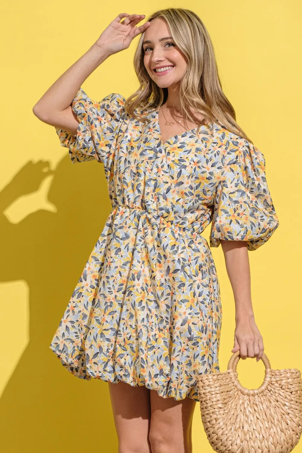 Full Size Floral Surplice Puff Sleeve Dress - Yellow Multi - product view 5