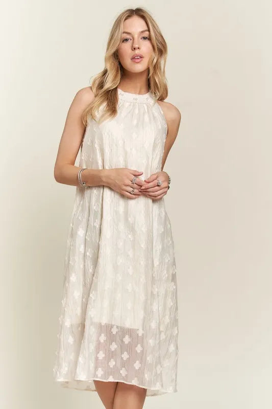 Applique Pearl Detail Grecian Neck Midi Dress in Beige - product view 2