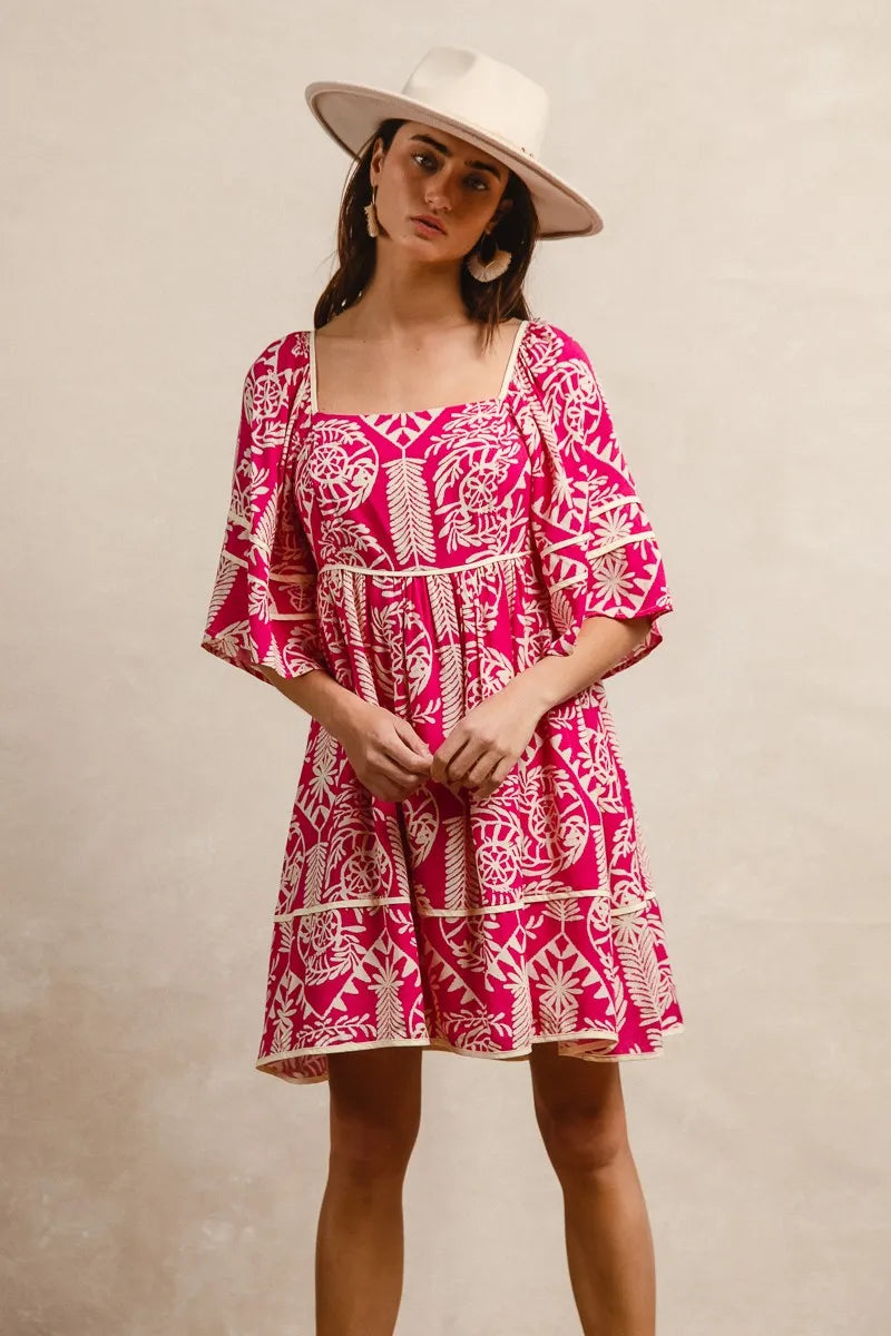 Aztec Woven Printed Contrast Binding Dress in Fuchsia - product view 4