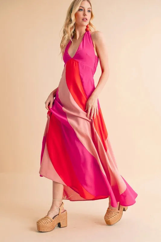 Color Block Sleeveless Maxi Dress in Pink Combo - product view 9