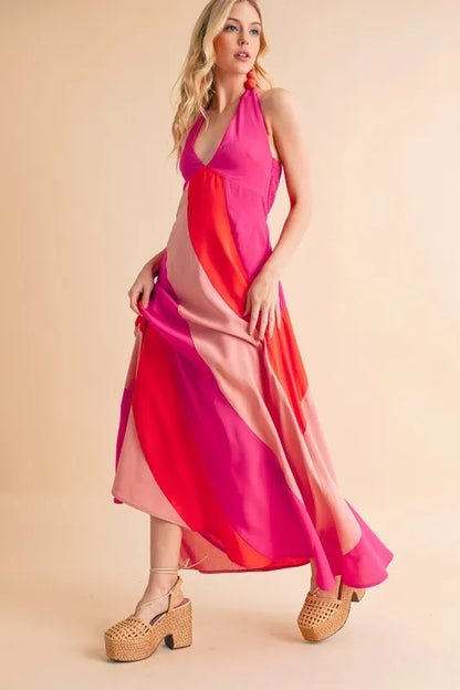 Color Block Sleeveless Maxi Dress in Pink Combo - product view 9