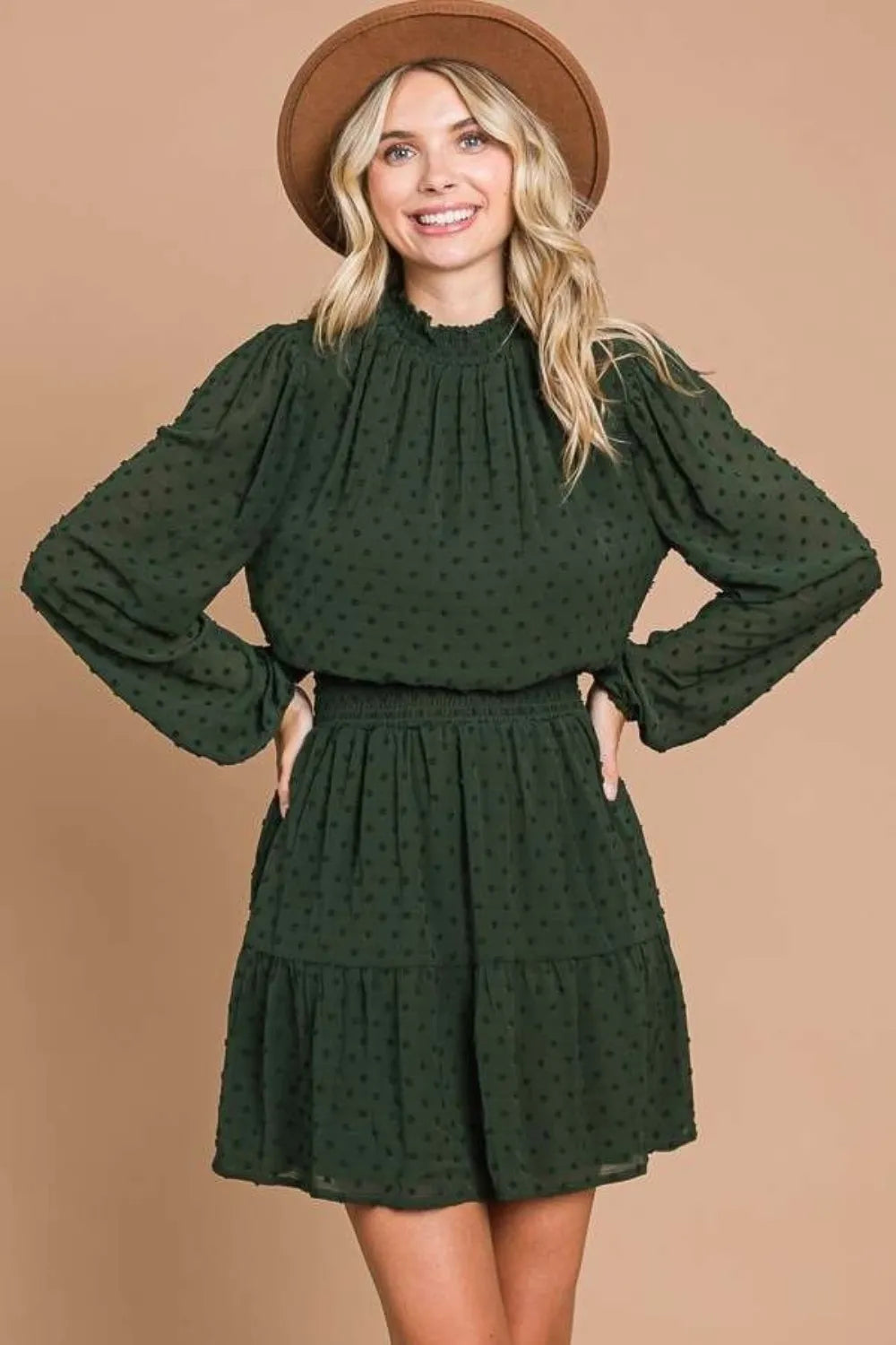Swiss Dot Smock Neck Mini Dress with Pockets in D.Olive - product view 1
