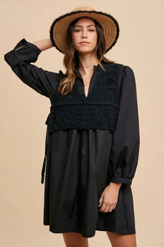 Crochet Vest Notched Long Sleeve Shirt Dress in Black - product view 1