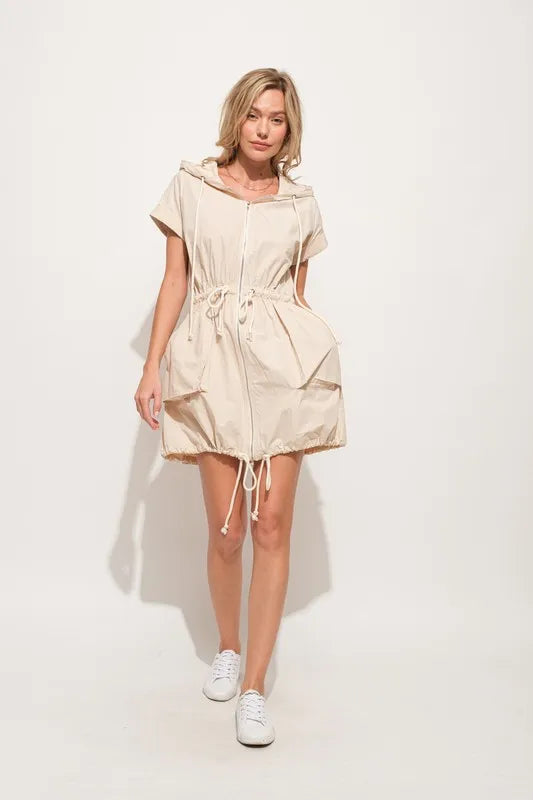 Short Sleeve String Details Hooded Mini Dress in Almond - product view 5