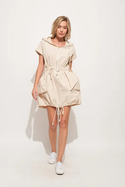 Short Sleeve String Details Hooded Mini Dress in Almond - product view 5