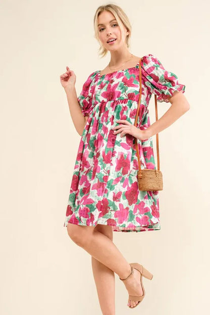 Smocked Floral Ruffle Short Sleeve Mini Dress in Fuchsia - product view 3