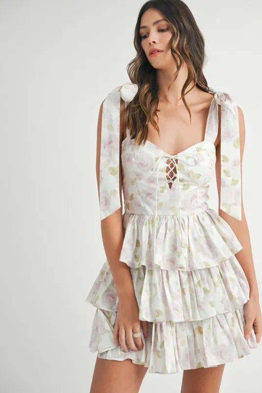 Floral Print Shoulder Tie Layered Mini Dress - Off White - product view 2